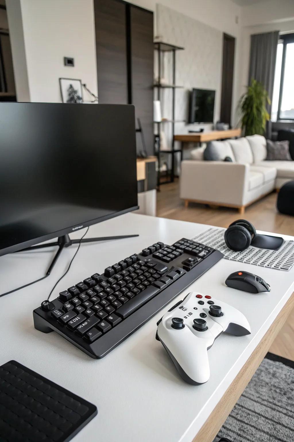 A simple grayscale gaming setup emphasizing ease and design.