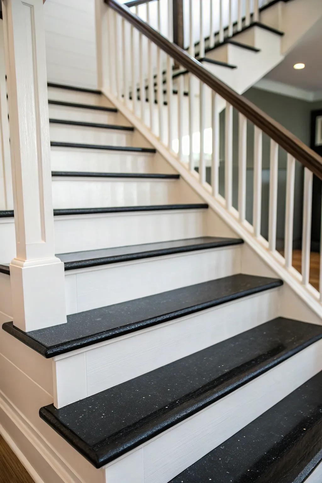 A modern staircase featuring black treads and white risers delivers an eye-catching visual contrast.