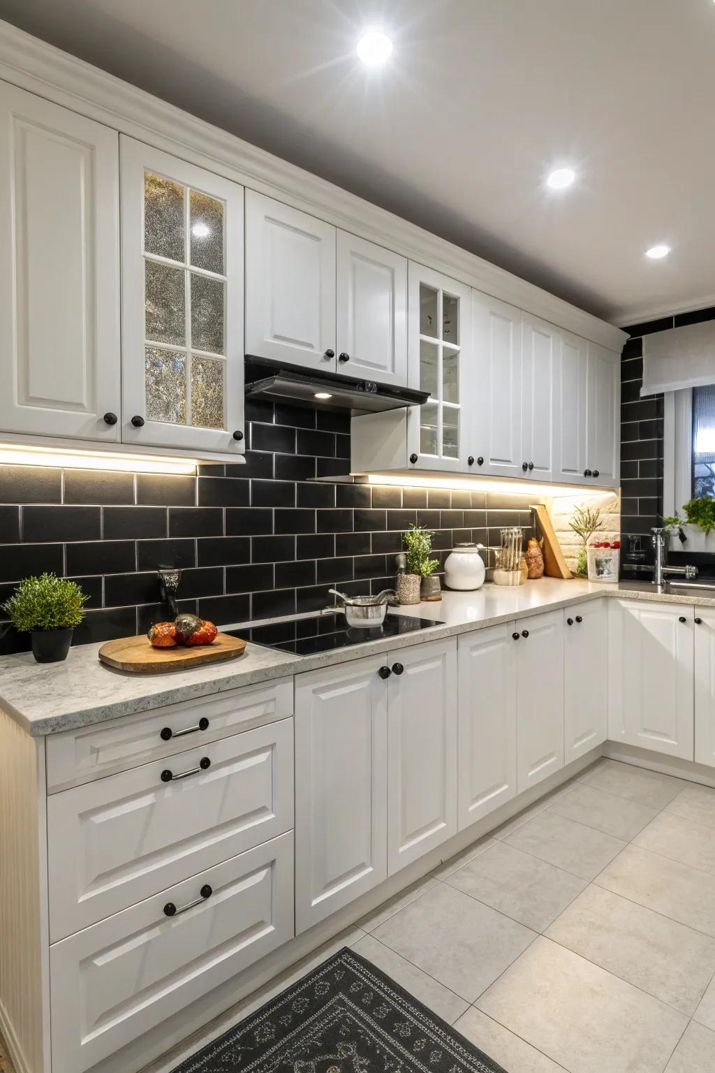 A kitchen expertly employing contrast to forge a striking statement with an ebony backsplash.