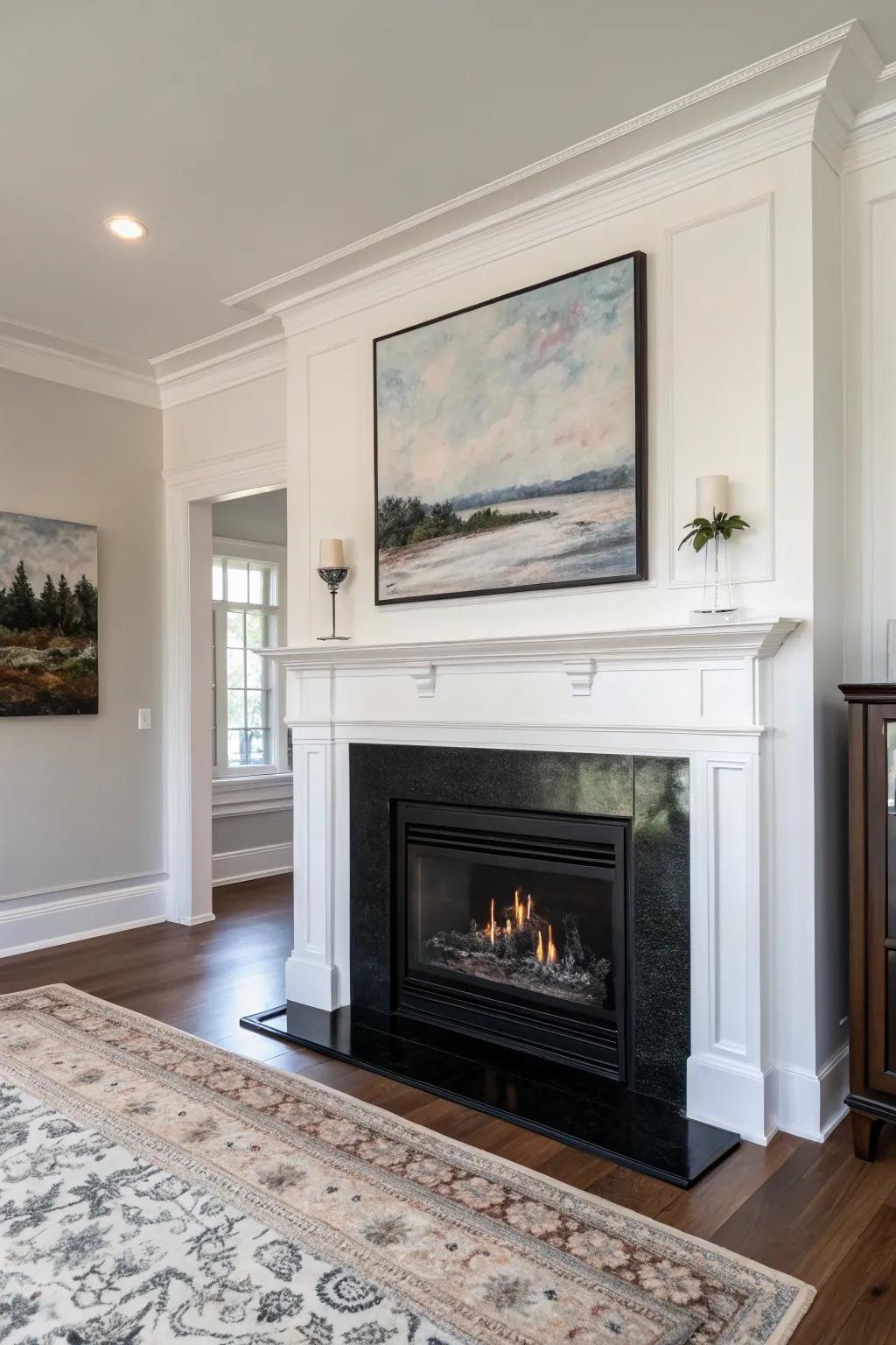 Go for contemporary simplicity with a streamlined dark hearth that enhances striking artworks.