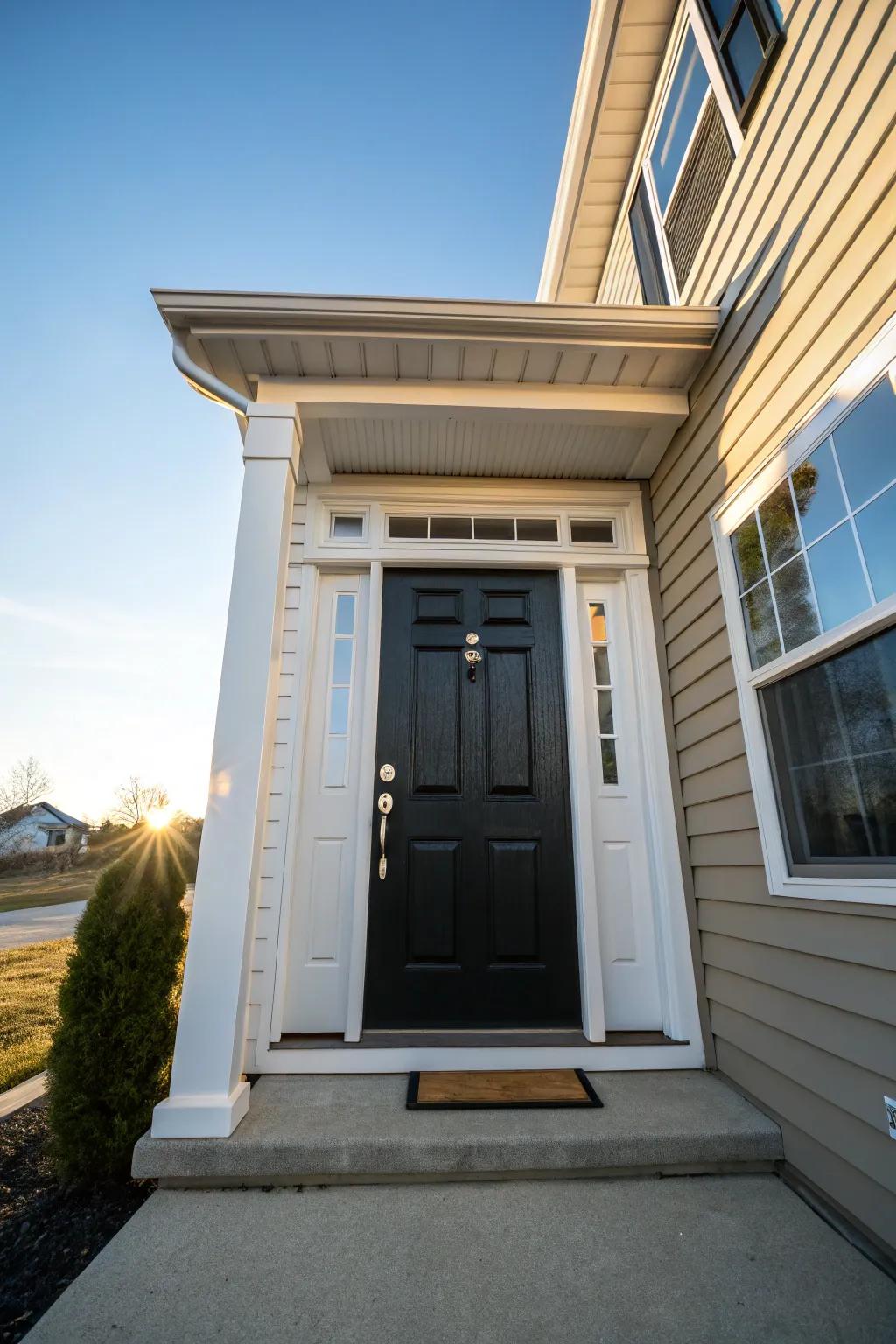 A remarkable black door featuring white trim makes a bold declaration against subdued siding.
