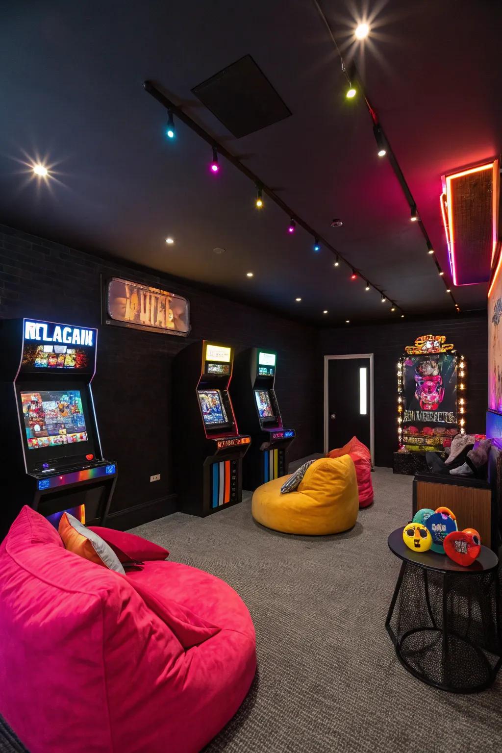 A game room featuring a predominantly dark color scheme that gives a striking and current look.
