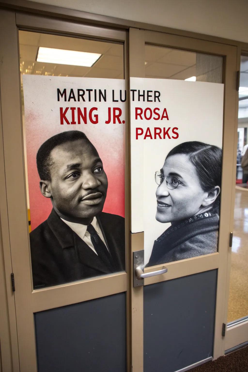 A door that celebrates Martin Luther King Jr. and Rosa Parks with powerful visuals and expressions.