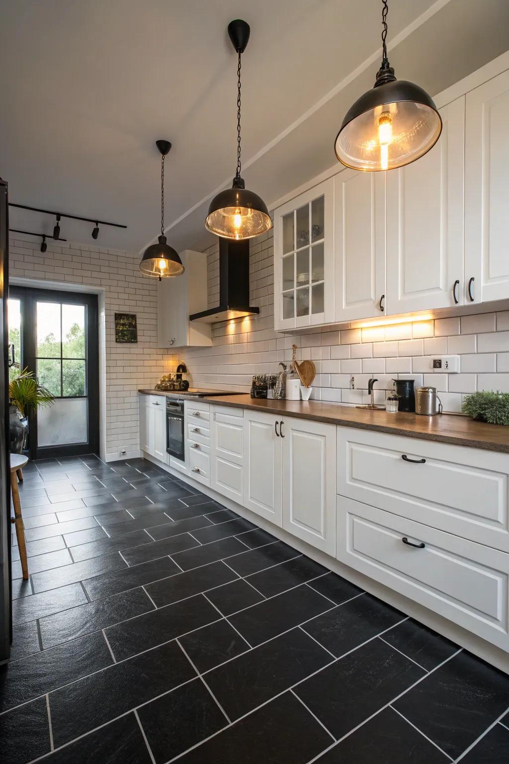 A culinary space displaying the breathtaking divergence of dark floors against ivory fixtures.
