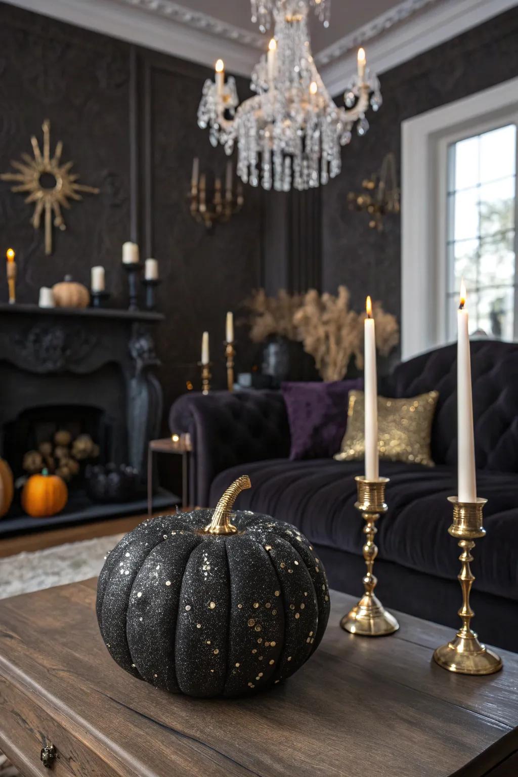 A shimmering gothic dark-colored pumpkin that introduces elegance to any space.