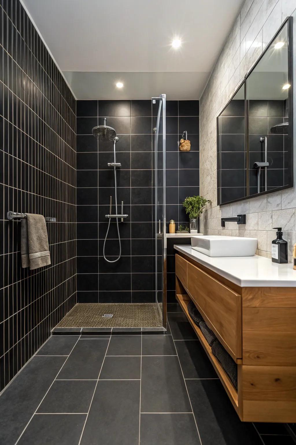 Bold black tiles set the stage for an elegant shower experience.