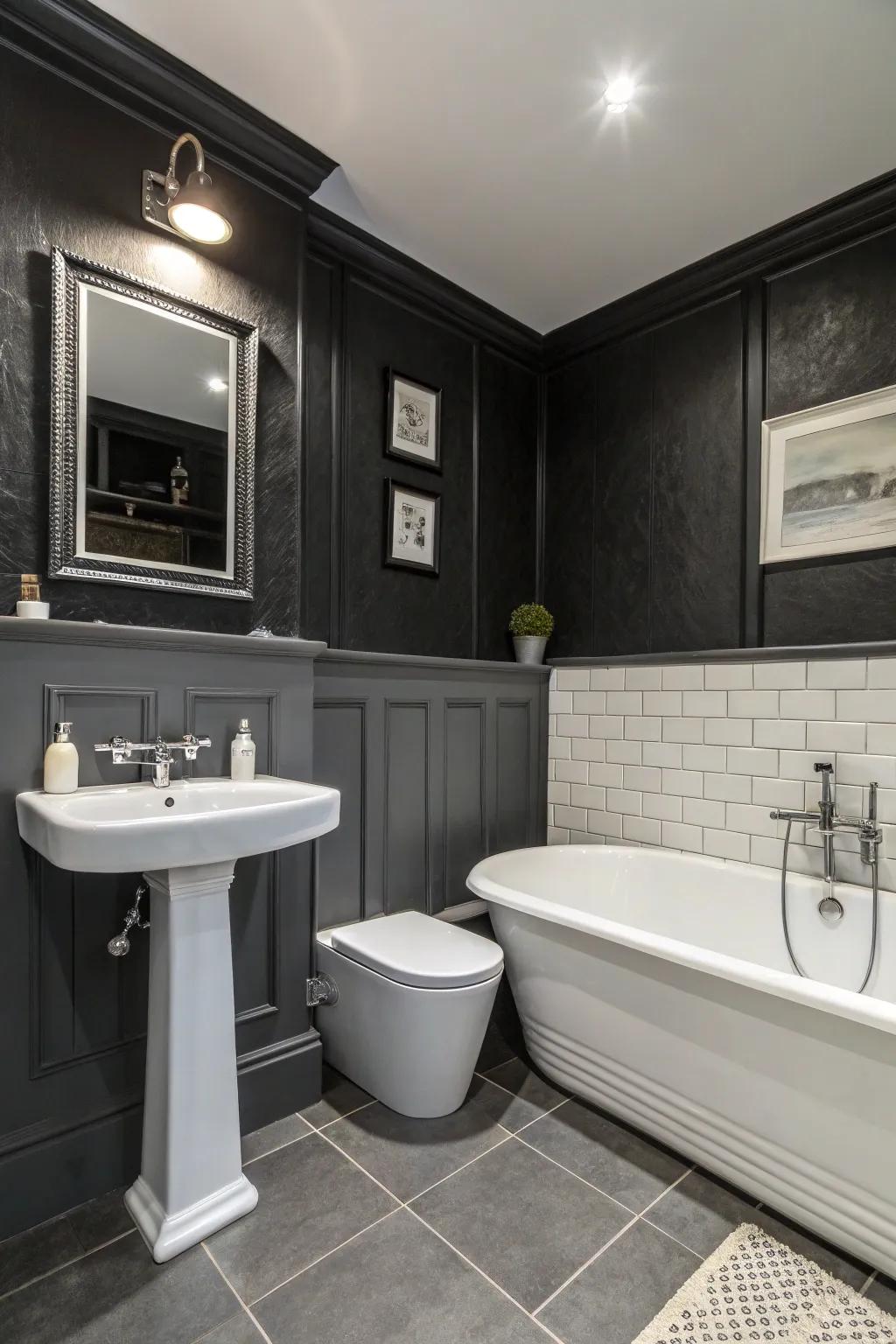 Striking ebony walls enrich this contemporary bathroom with added depth and a sense of luxury.