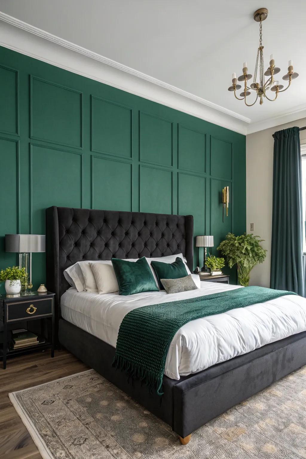 A bedroom where a lush green accent wall is the room's main feature.