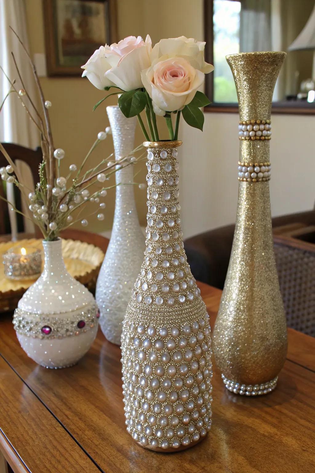 Vases adorned with sparkling stones for a glamorous effect.