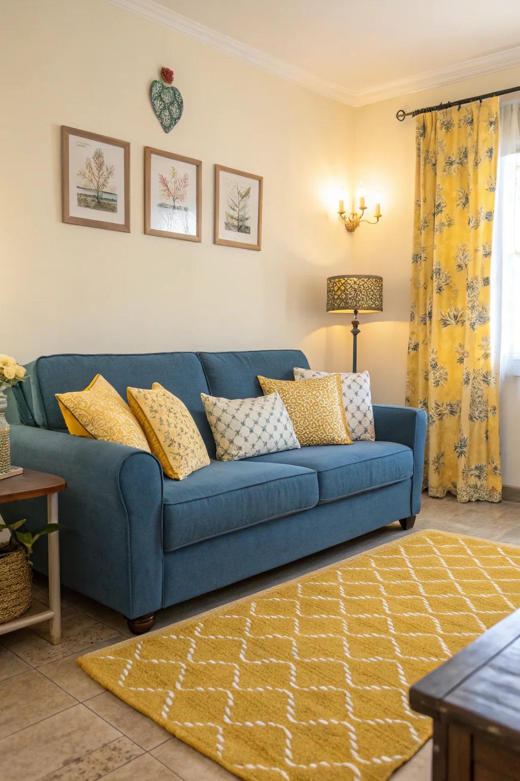 A welcoming living space showcasing a blue settee and sunshine-toned cushions for a vibrant ambiance.