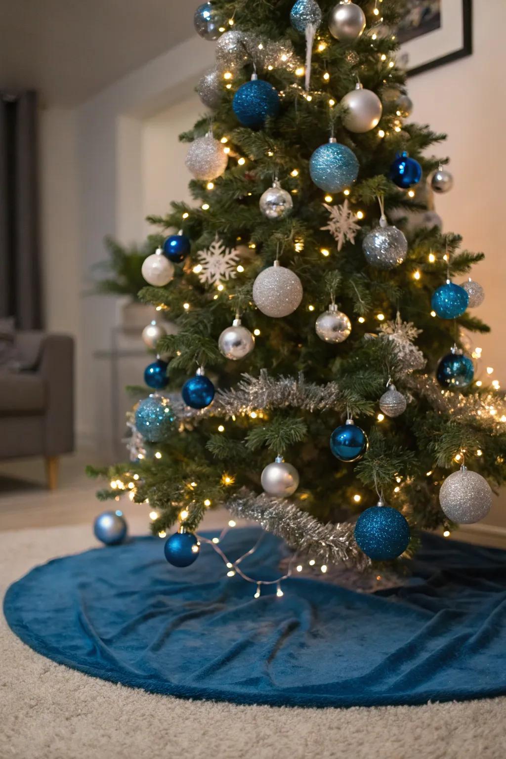 A breathtaking Christmas tree adorned in blue and silver