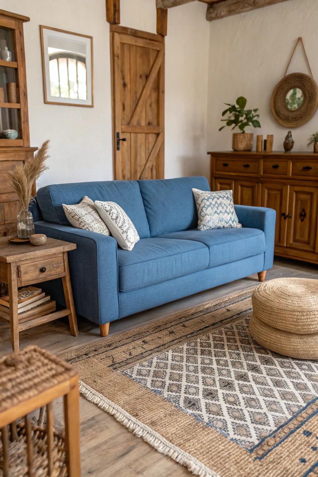 Natural textures enhance the soothing cerulean shades of the settee.