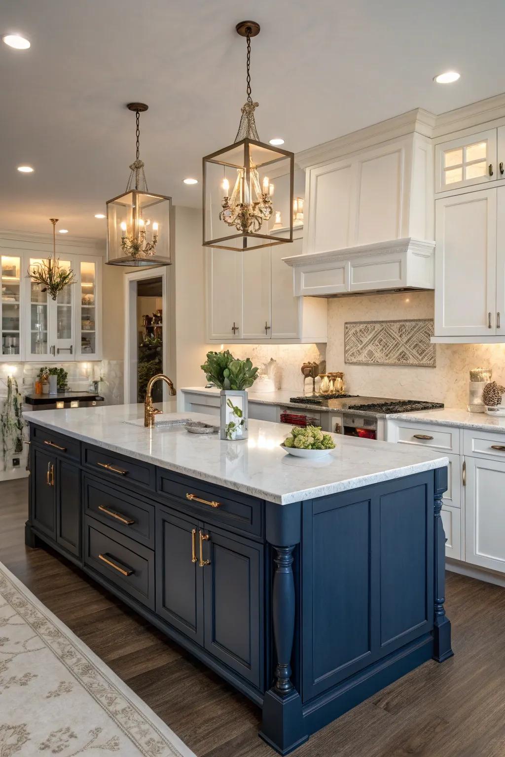 A deep ocean island beside white cabinets crafts a timeless and refined kitchen.
