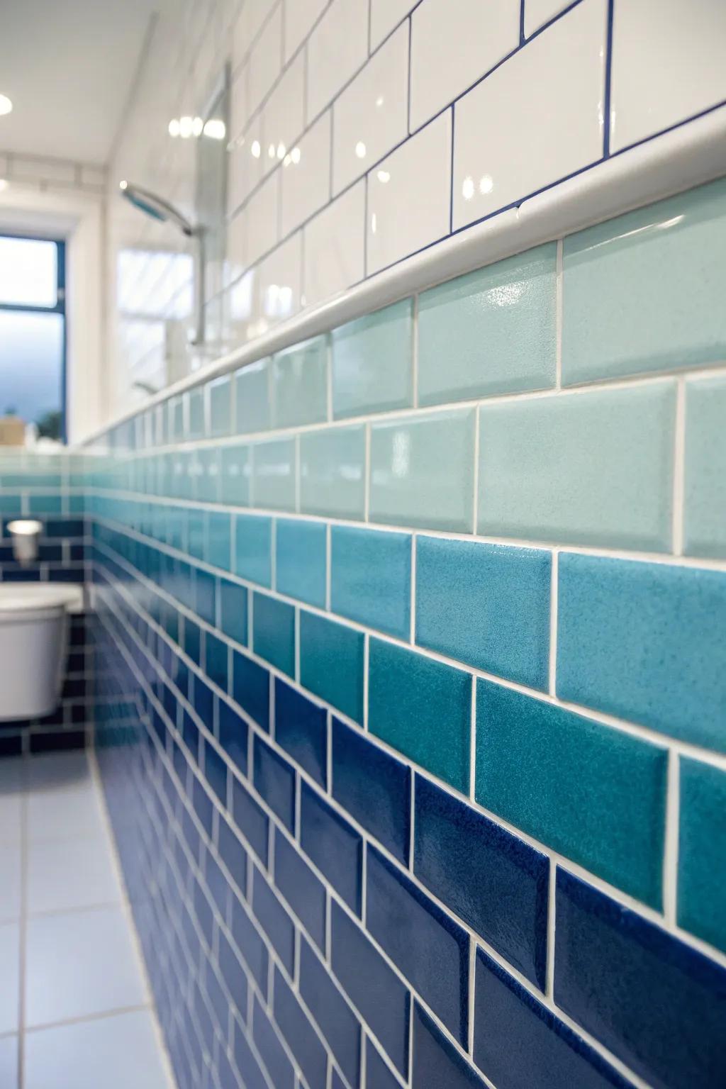 A gradient of blue tiles effectively transports the ocean's serene essence into your bathroom space.
