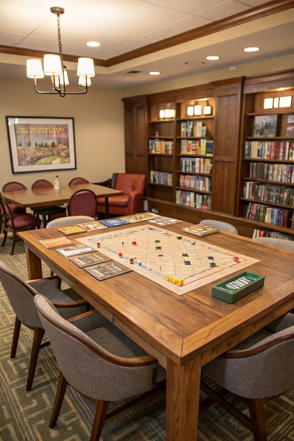 A spacious game table prepared for an evening brimming with joy and thrill.