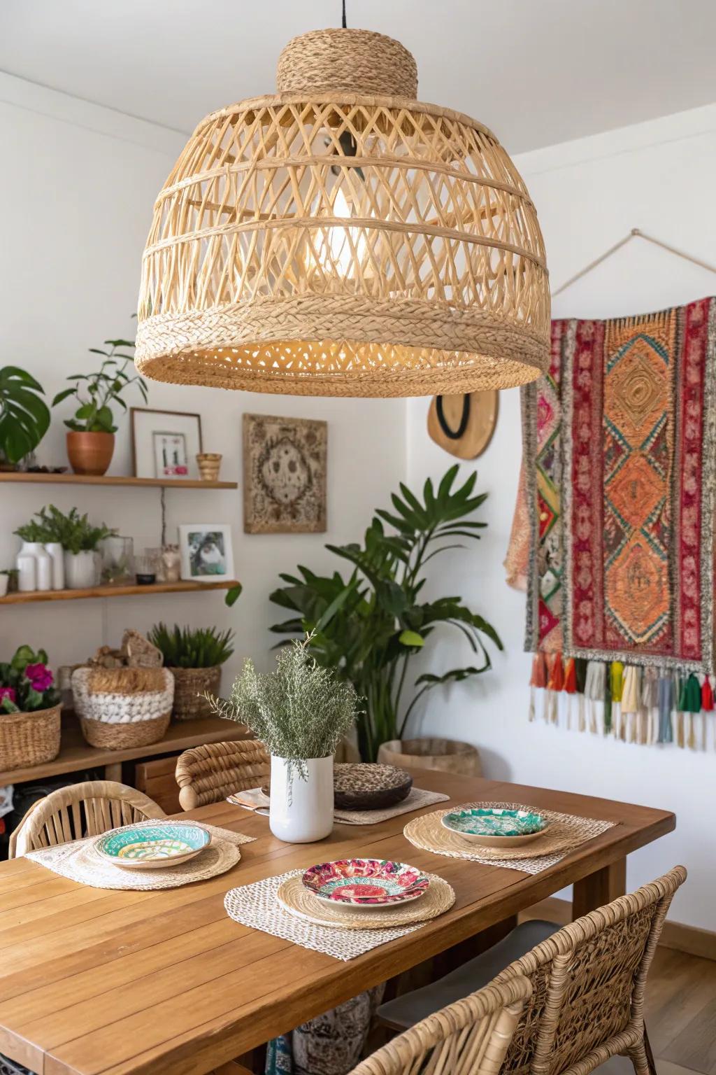An eye-catching cane webbing pendant light enhances the bohemian essence of this dining space.