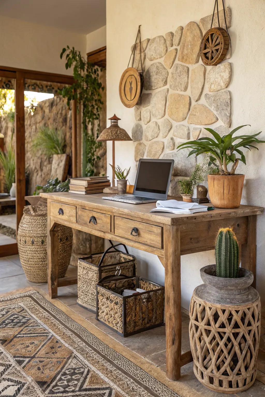 A boho office enriched with natural elements like wood and plants.