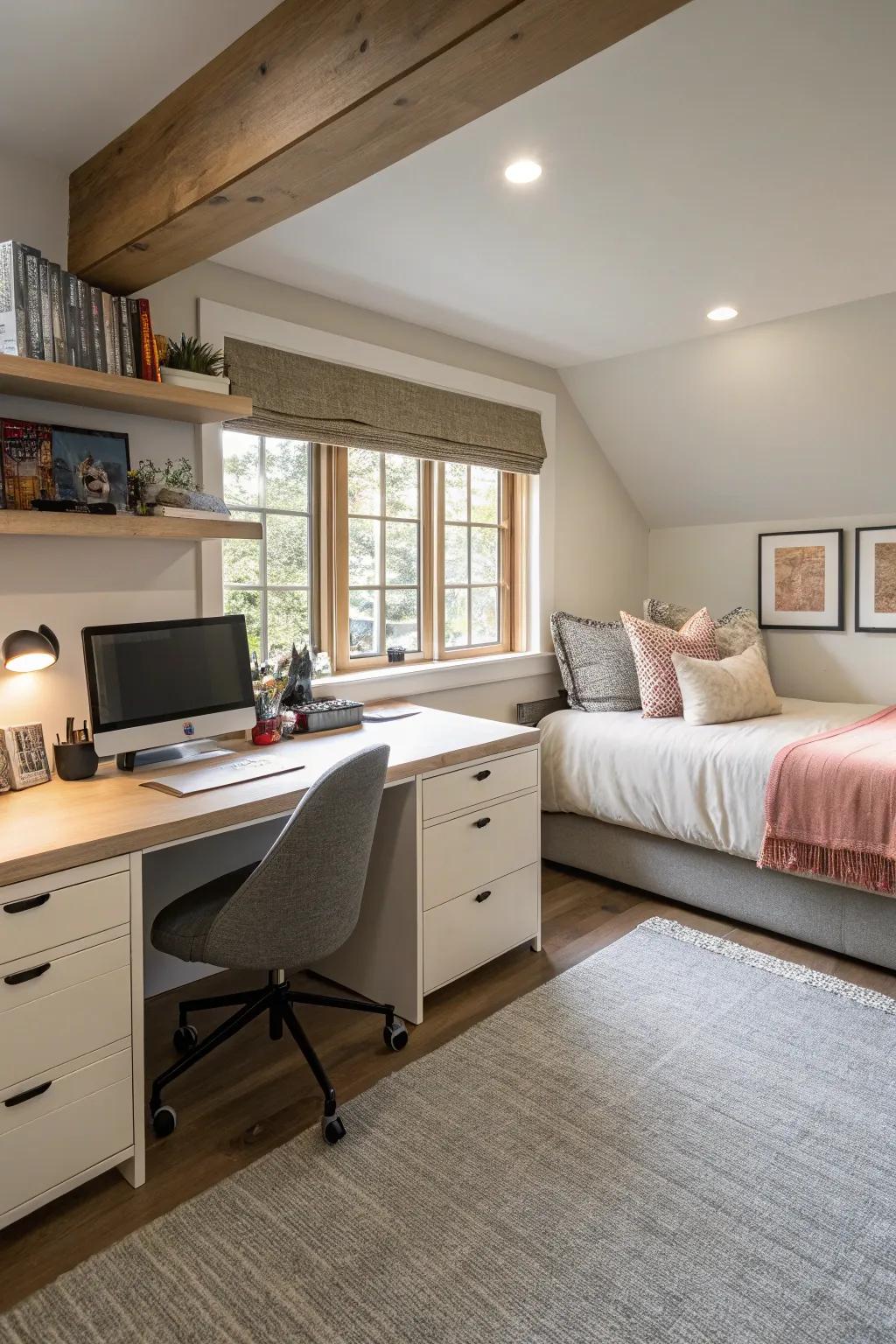 Unite work and relaxation with a multi-functional bedroom and office setup.