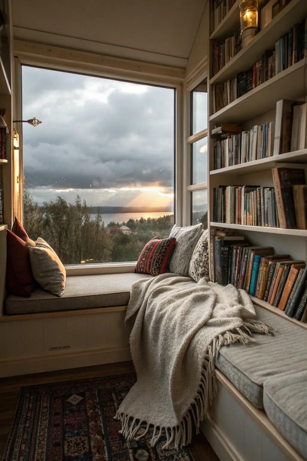 A window seat book nook with picturesque scenery and appealing accents.