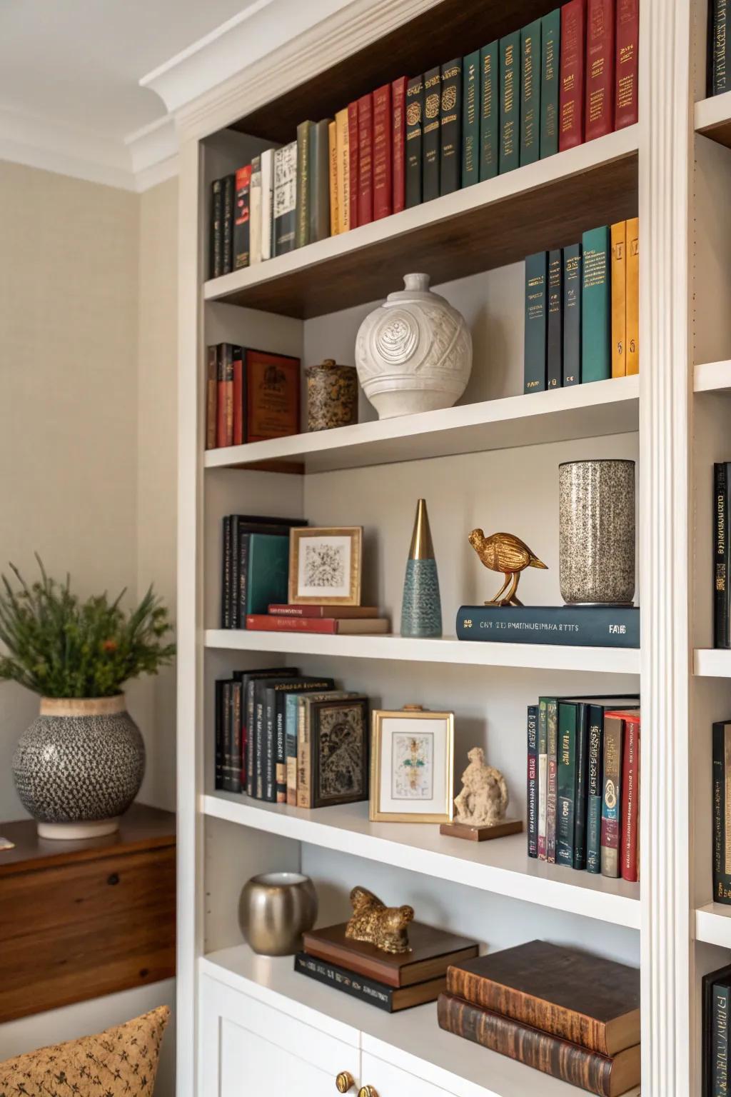 A seamless combination of books and decorative items beautifully displayed on a bookshelf.