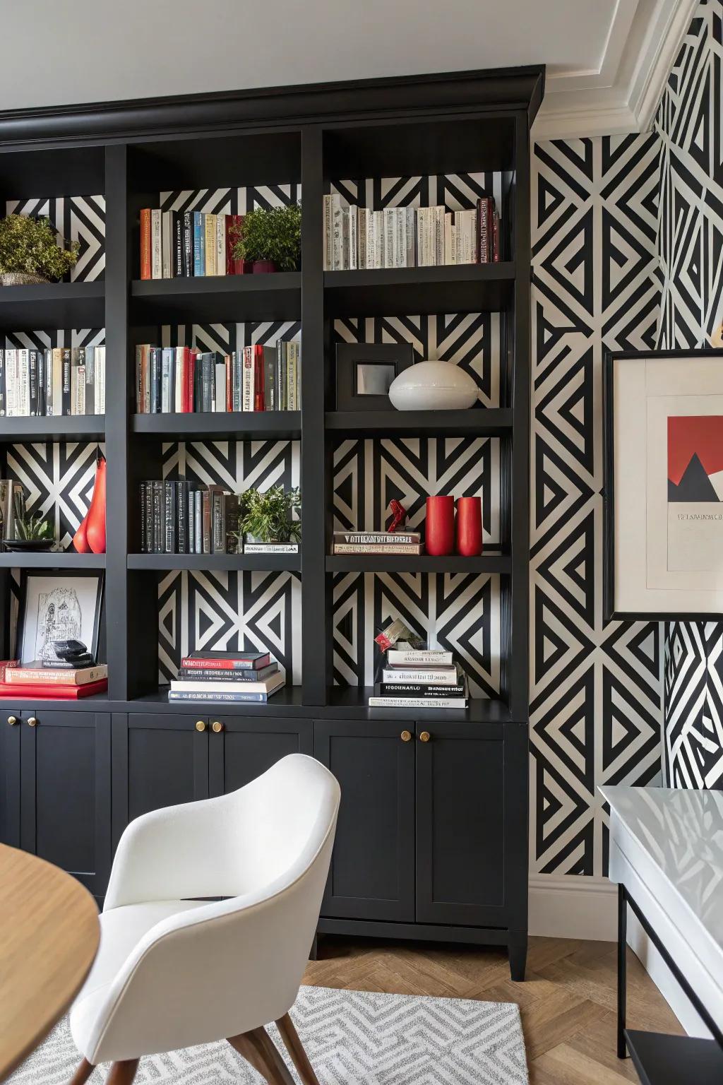 A bookshelf showcasing a striking monochrome geometric wallpaper.