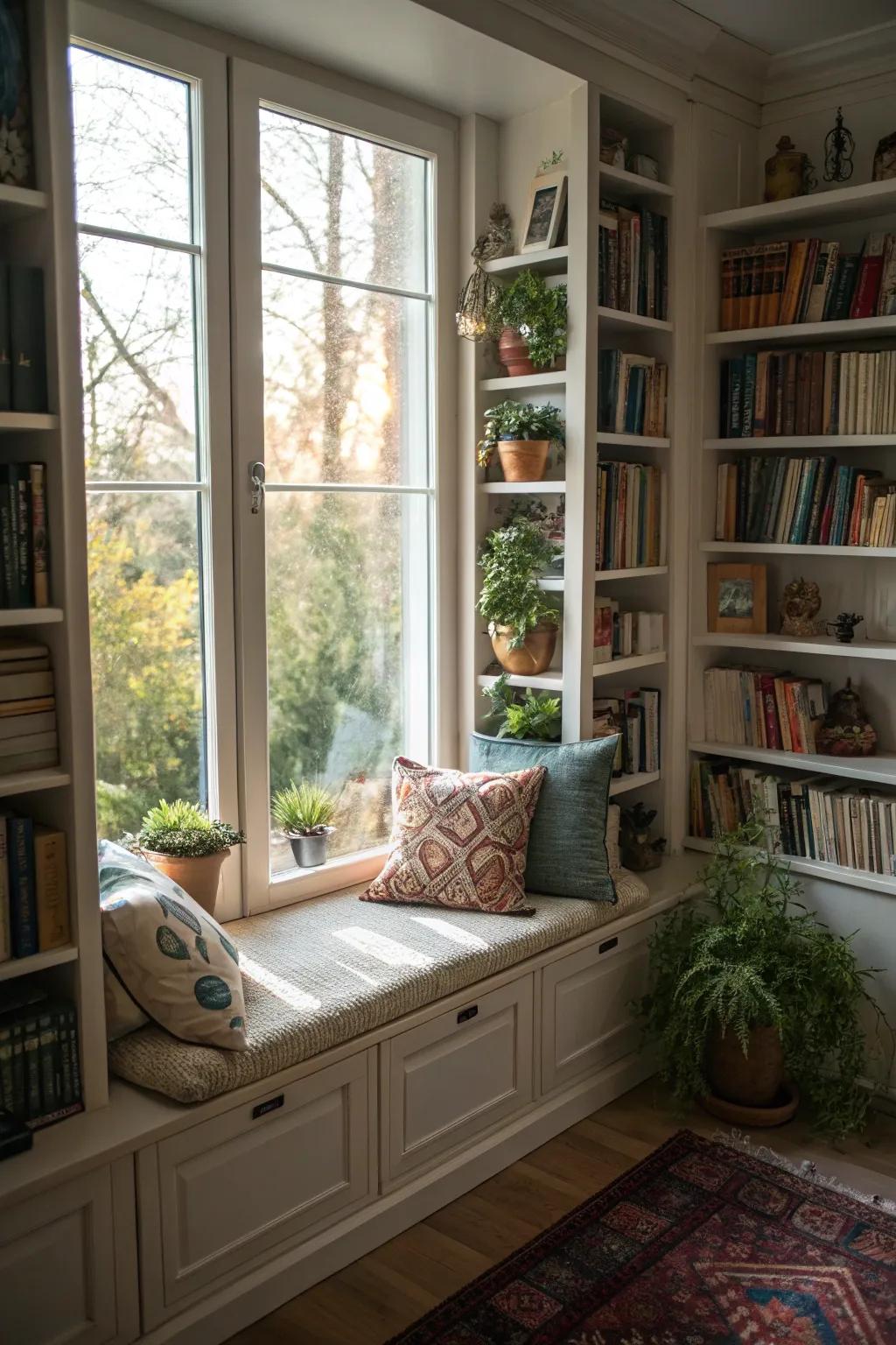Design your personal inviting reading corner with a window seat nestled between bookshelves.