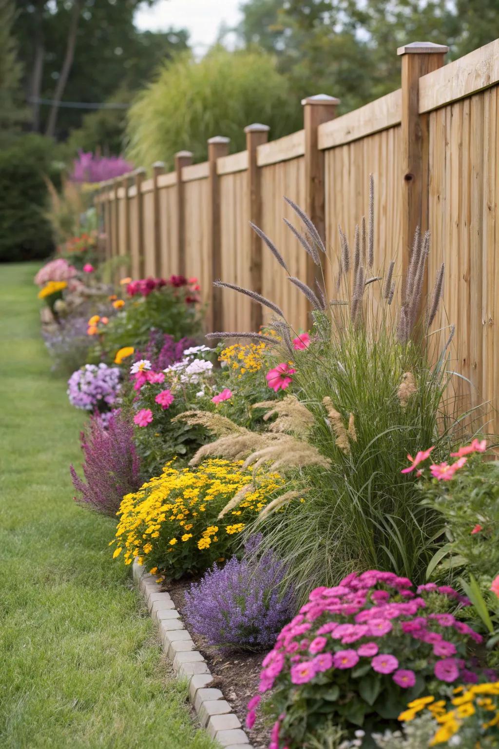 A lively mini garden can completely transform the lower part of a fence.