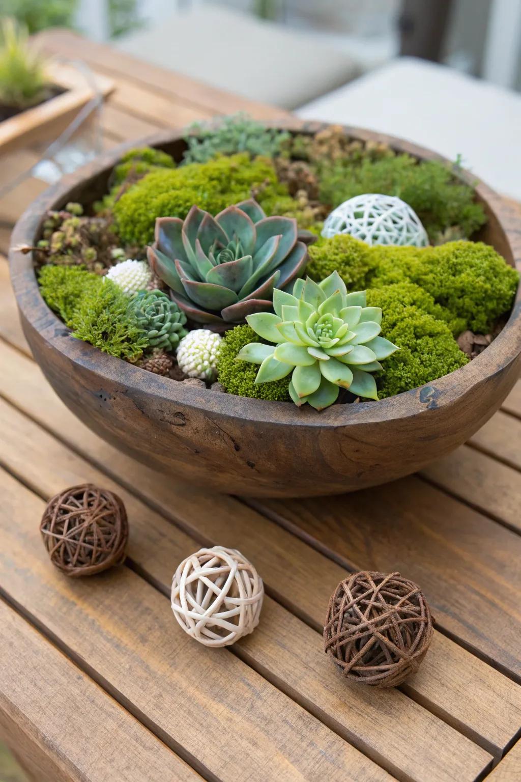 A cozy wooden bowl showcasing moss and small succulents.
