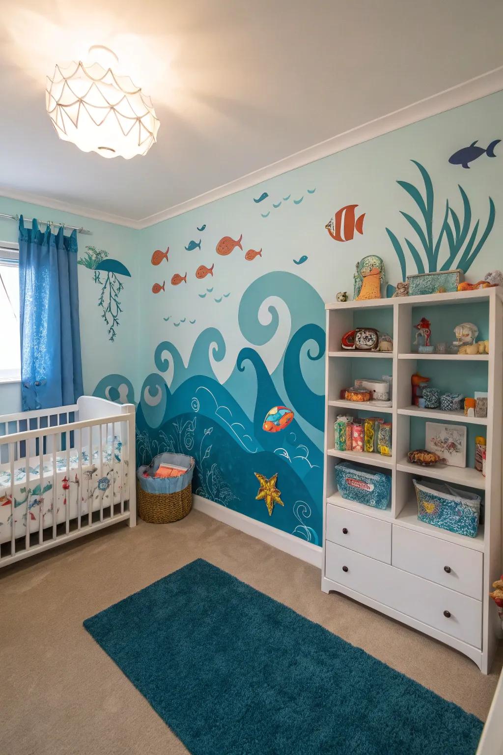 Immerse yourself in a tranquil nursery featuring an underwater theme.