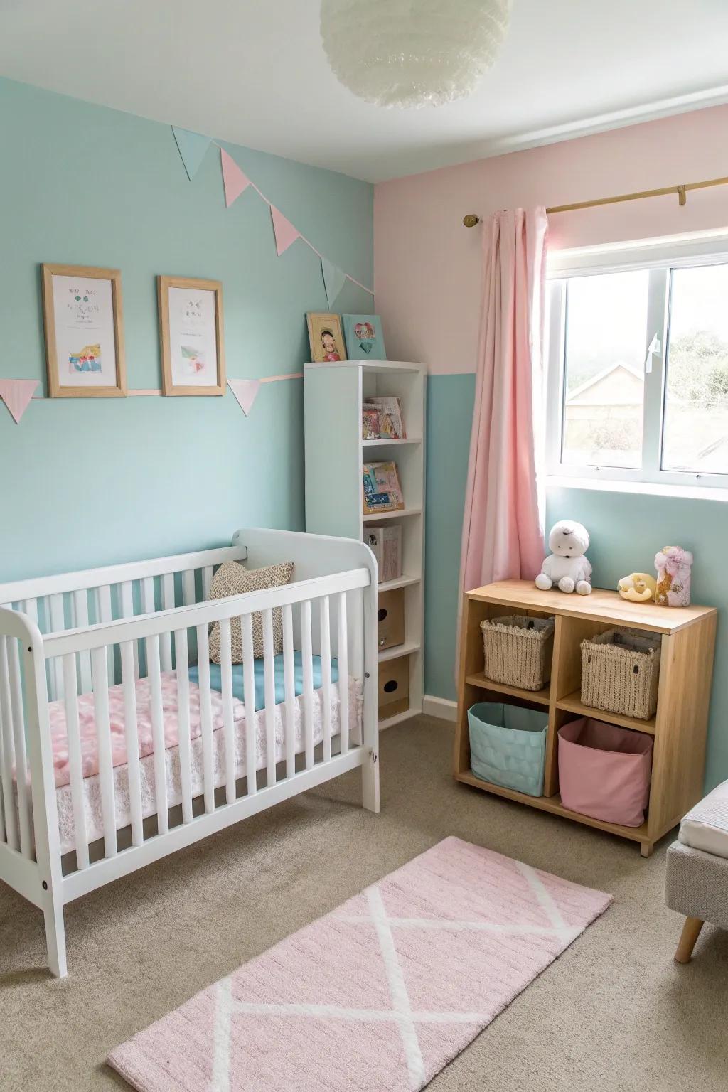 A gender-neutral room featuring soft pastels and tranquil tones.