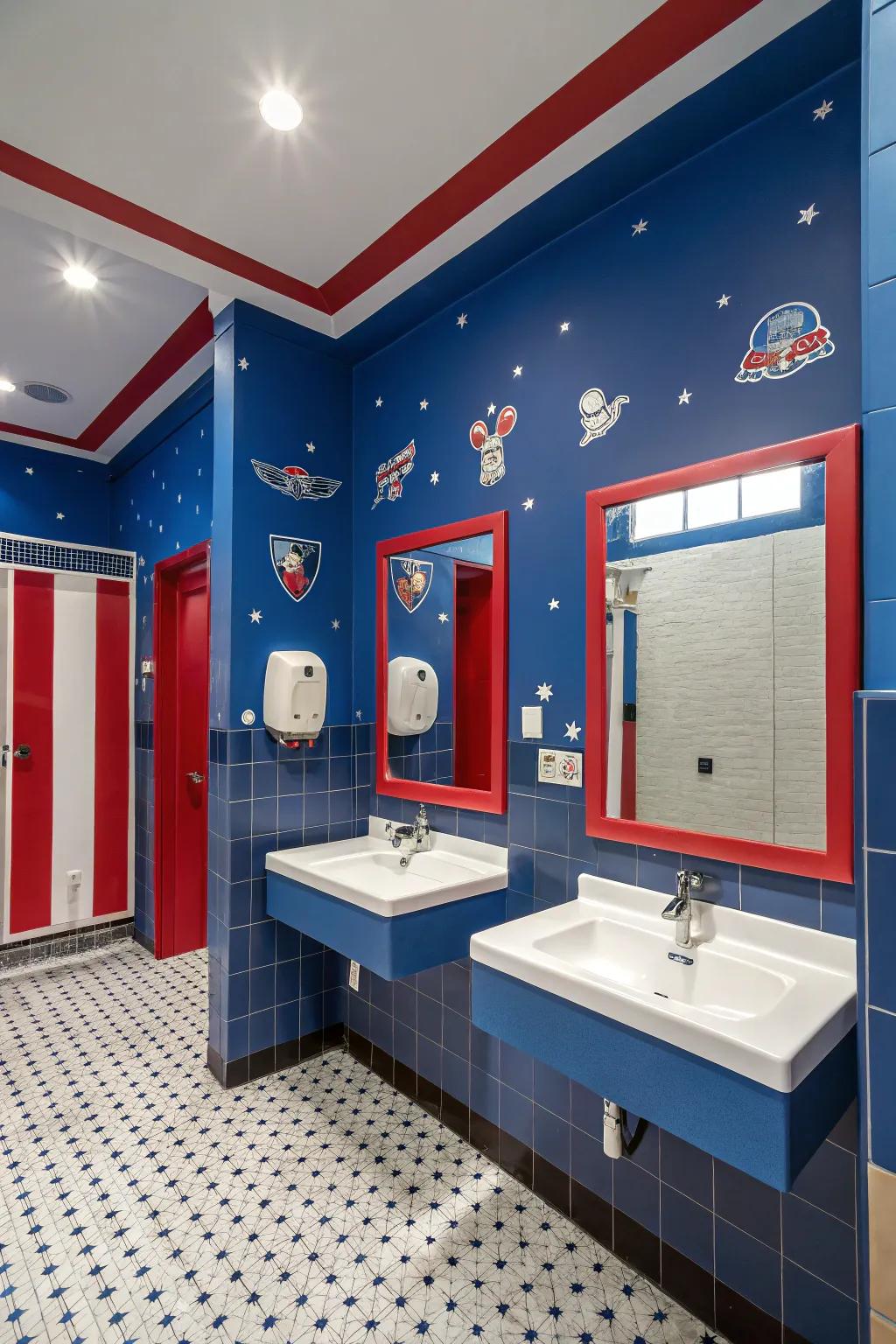 A lively boys' lavatory showcasing a striking azure and crimson color palette.