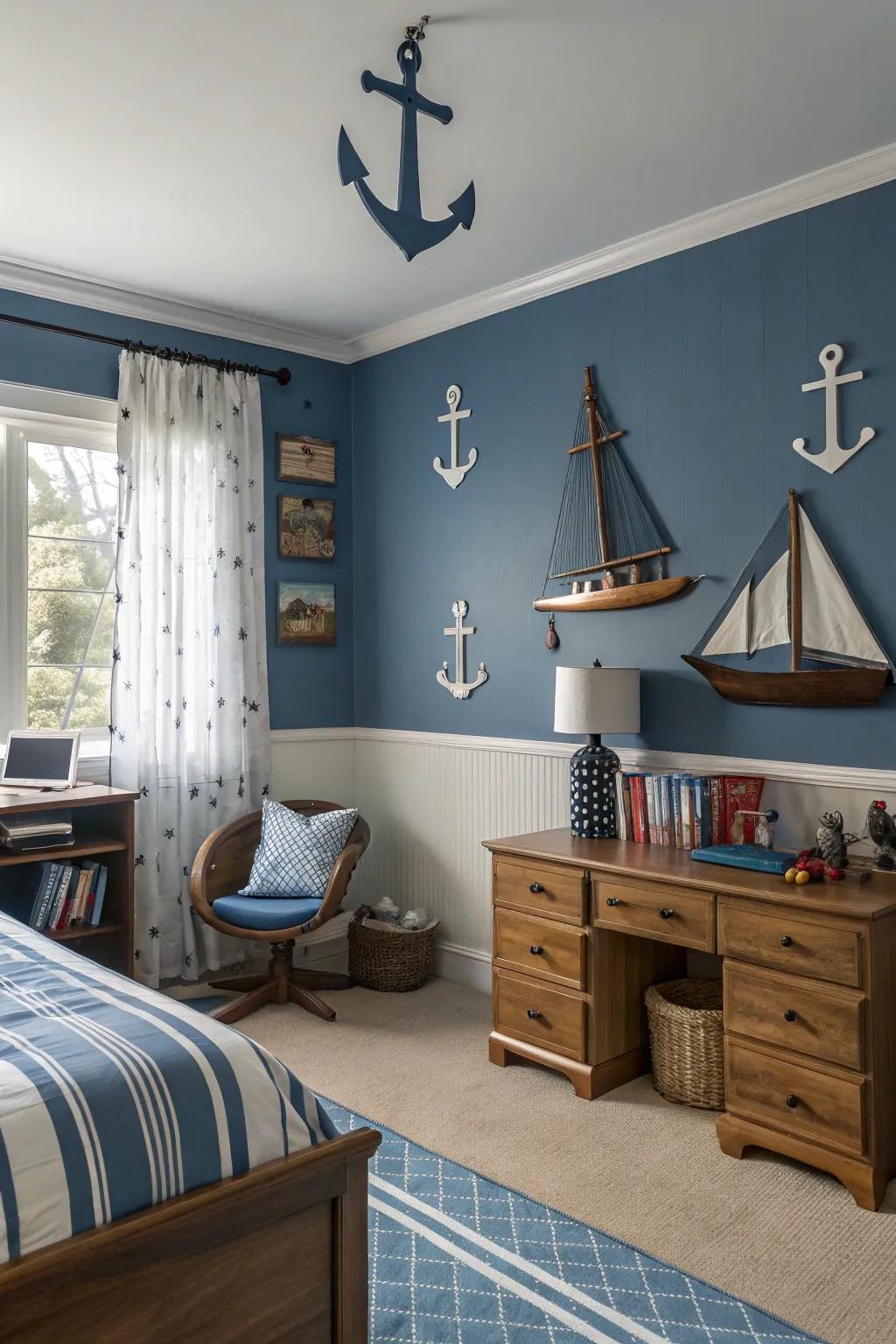 Soothing timeless azure establishes a tranquil mood for a boy's haven.