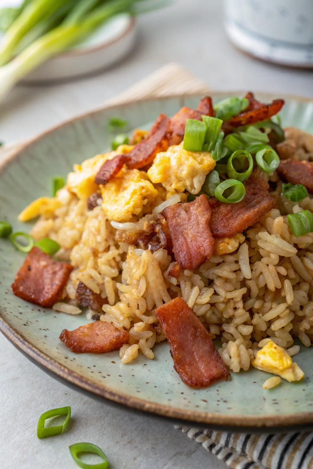 Traditional morning rice fry-up with crispy pork and eggs, the ideal hearty beginning to your day.