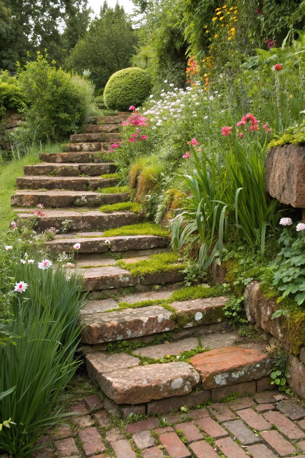 Brick steps meandering through a lush garden scenery.
