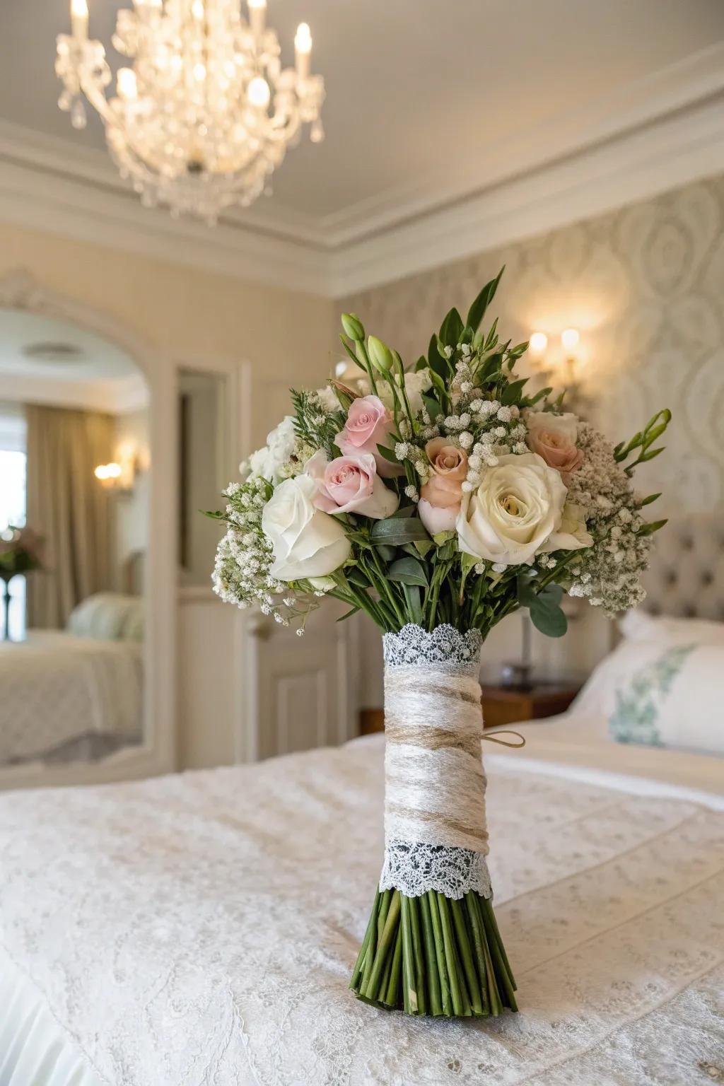 A bridal bouquet secured with vintage lace, radiating classic elegance.