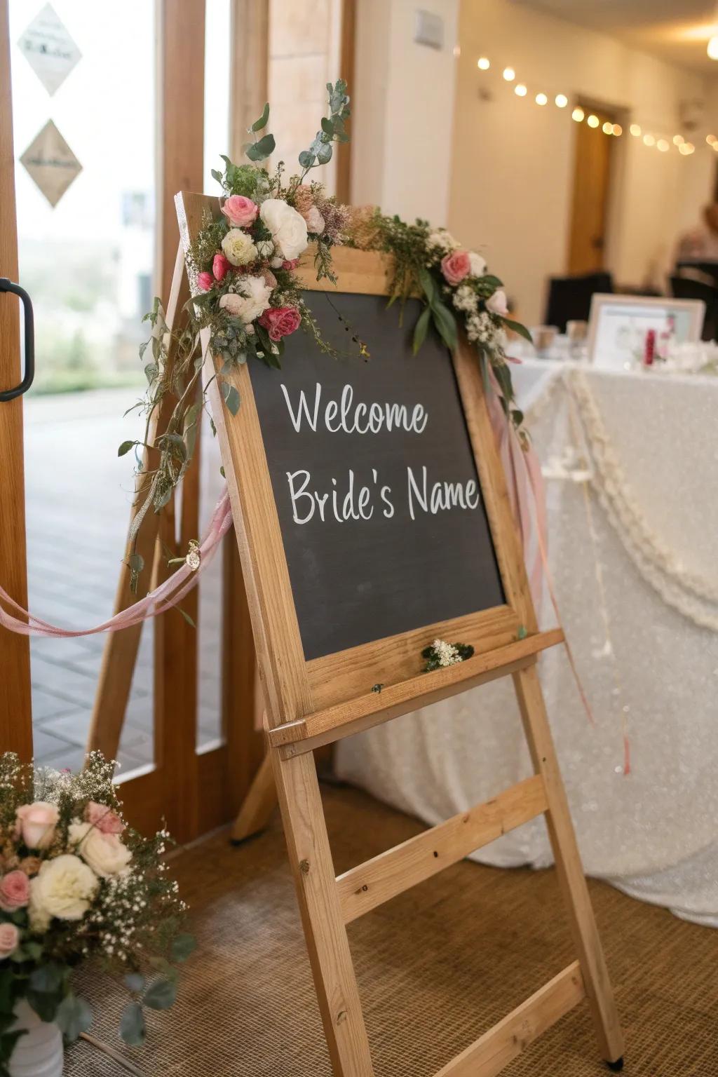 A bespoke welcome display establishes the ambiance for a remarkable pre-wedding gathering.