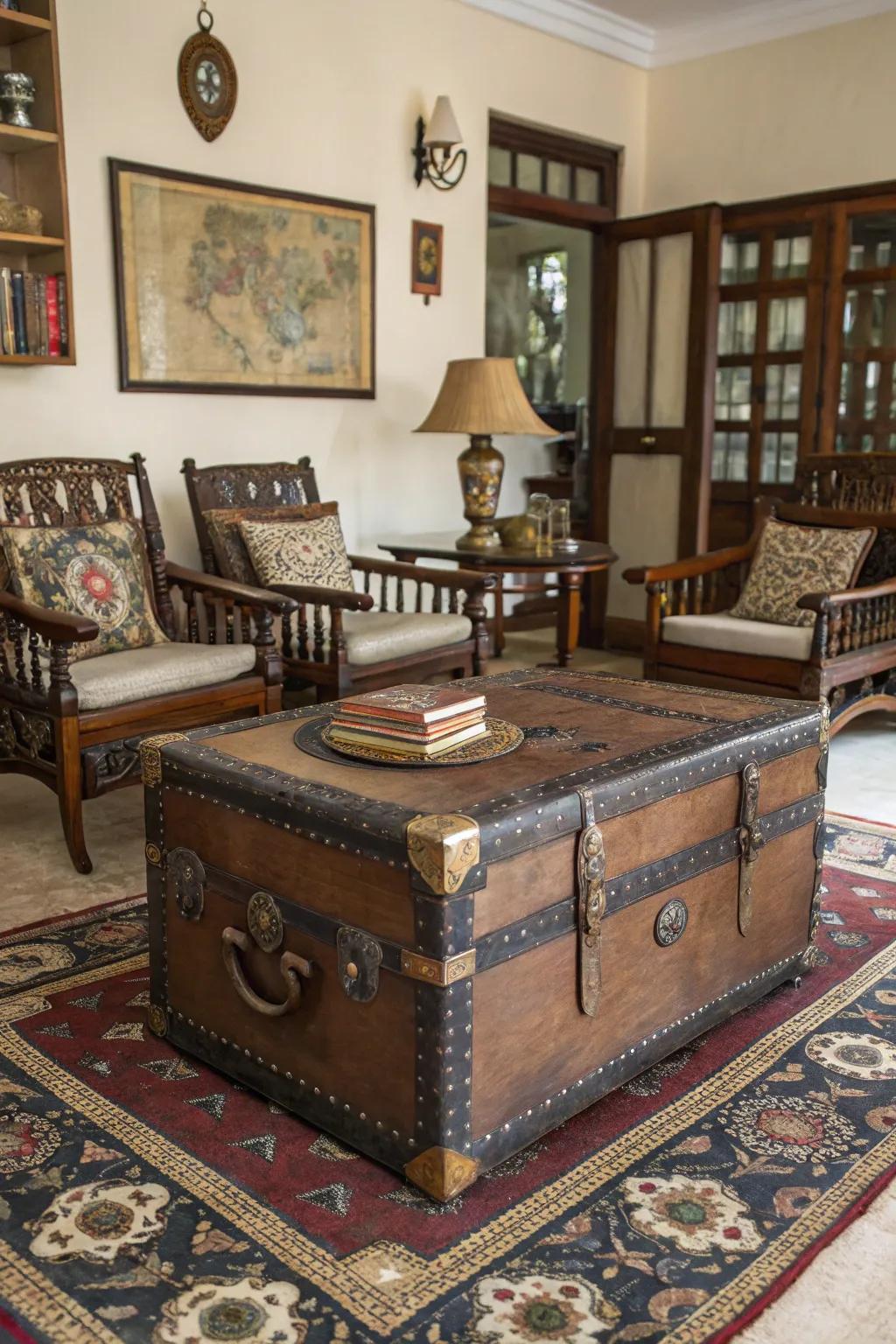 A classic chest serving as a table contributes appeal and distinctiveness.