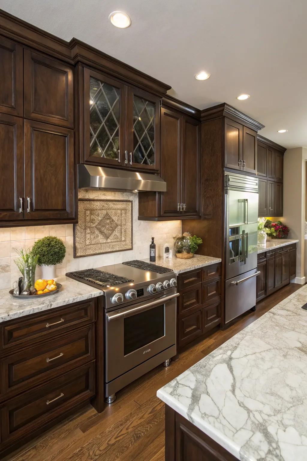 Walnut cabinets lend a sophisticated, ageless charm to modern kitchens.