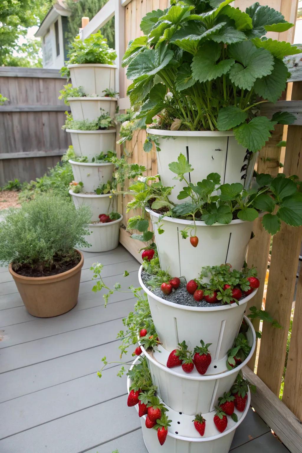 A towering arrangement of buckets brimming with strawberries and various herbs.