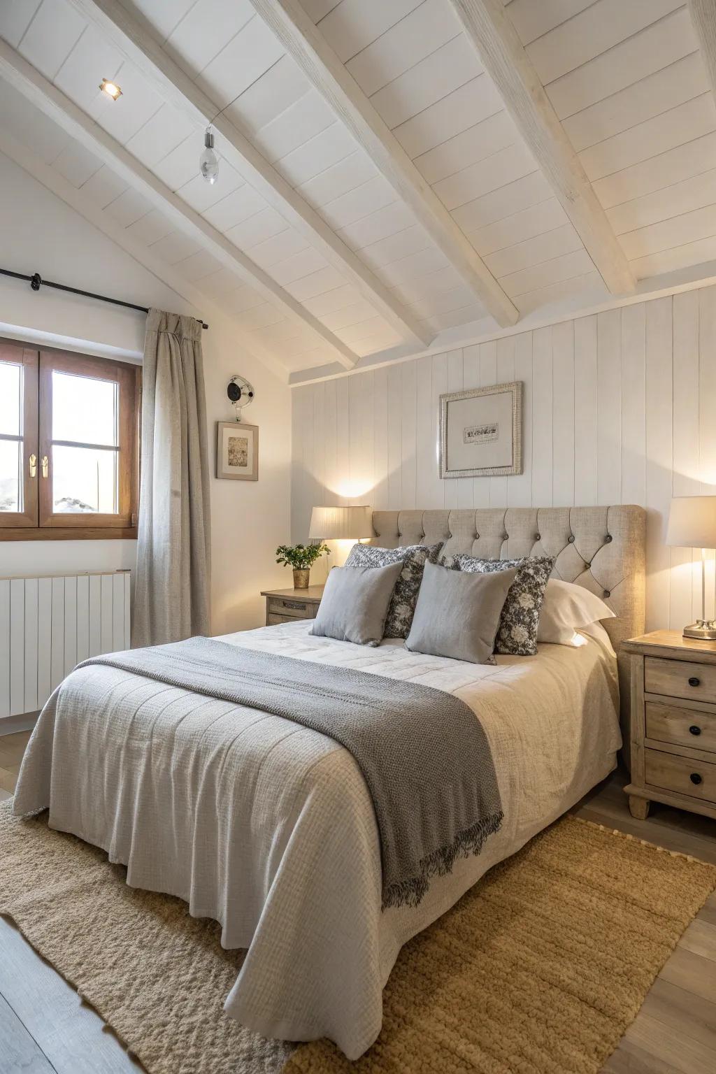 A peaceful bedroom showcasing a balanced neutral color scheme.