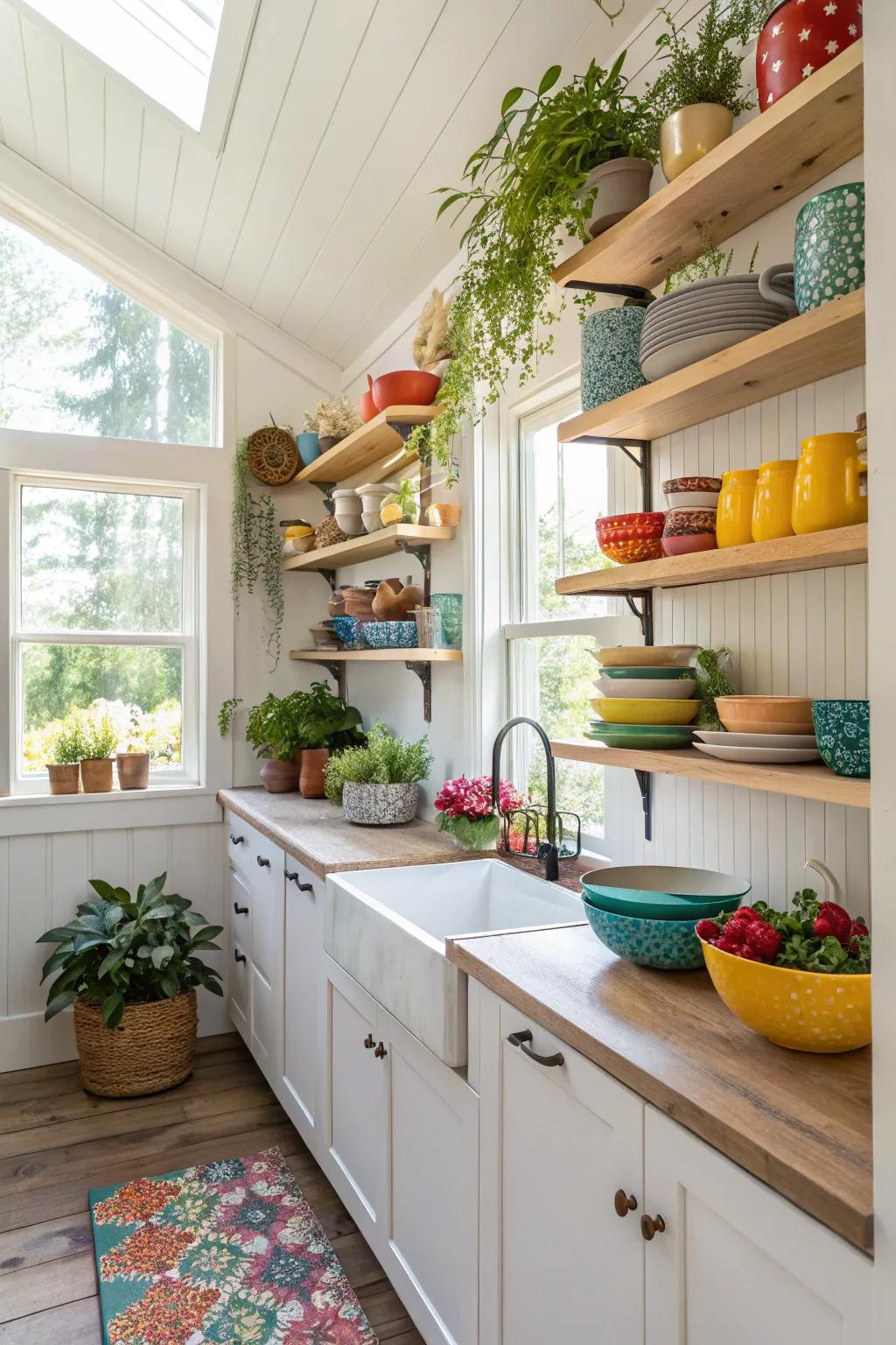 This small kitchen's open shelving adds a personal, practical touch.