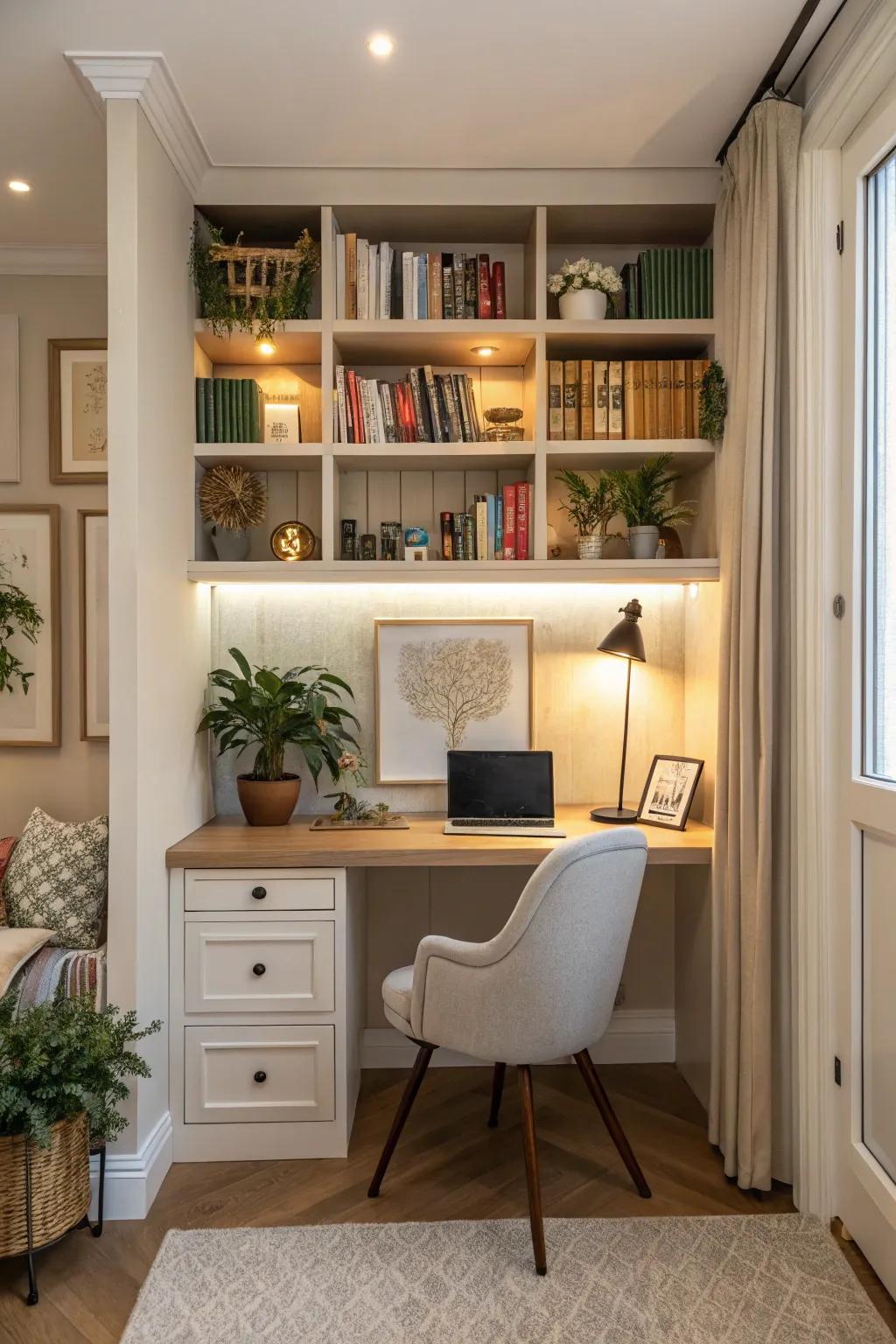 A cleverly planned alcove transformed into a practical workspace.