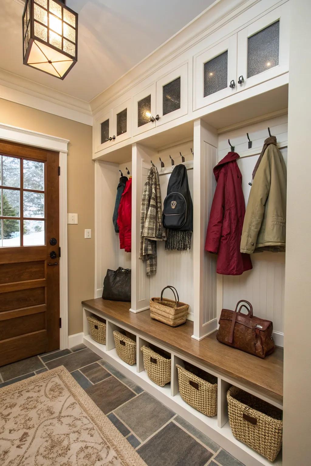 A clean entryway featuring integrated storage units that keep clutter at bay.