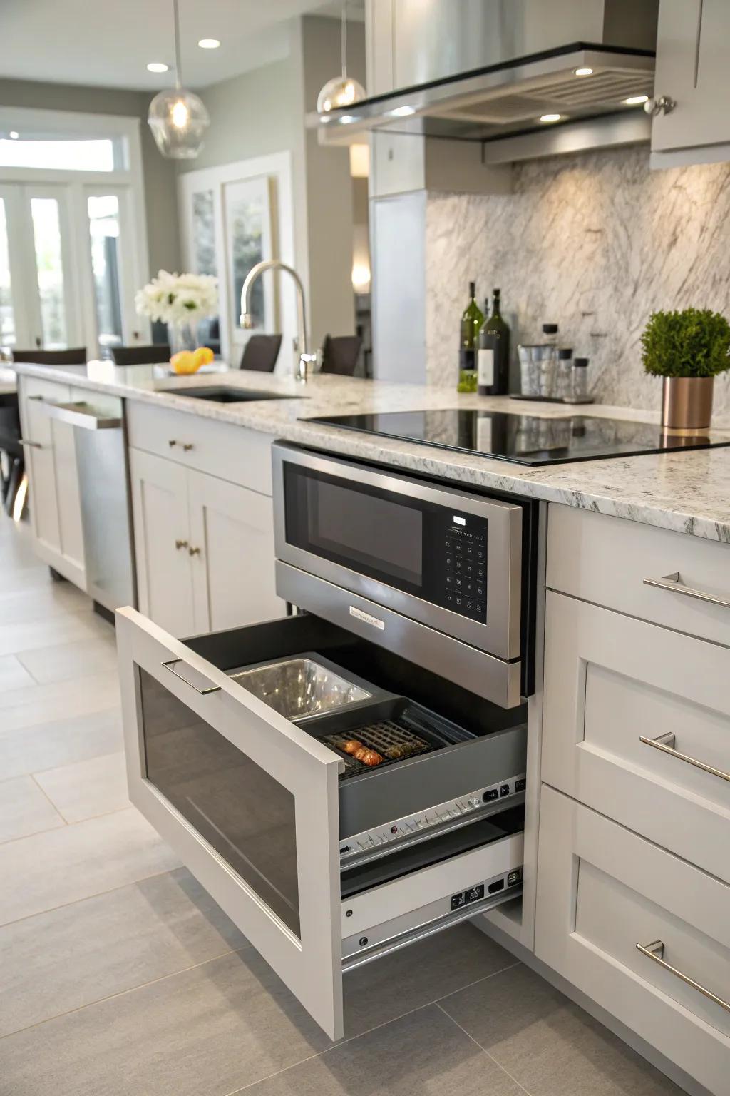 Modern kitchen design showcasing a sleek microwave drawer incorporated into the base cabinetry.