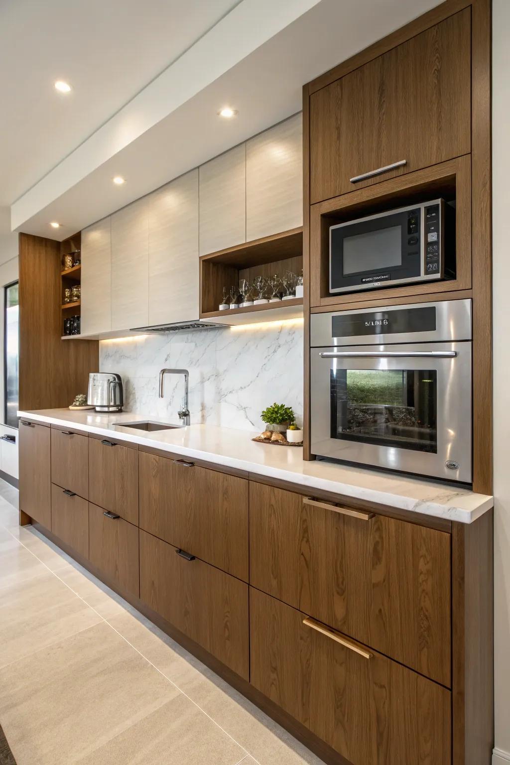 A microwave flawlessly integrated into the kitchen cabinets above the workspace.