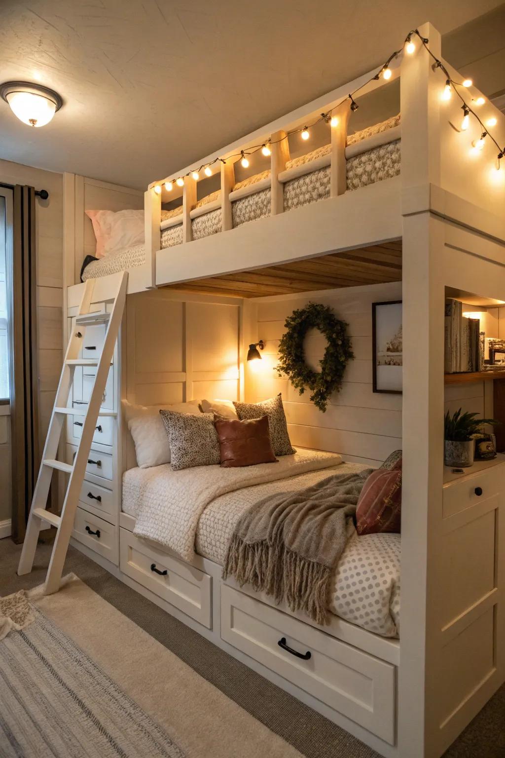 A snug corner featuring integrated queen stacked beds crafts the ultimate hideaway.