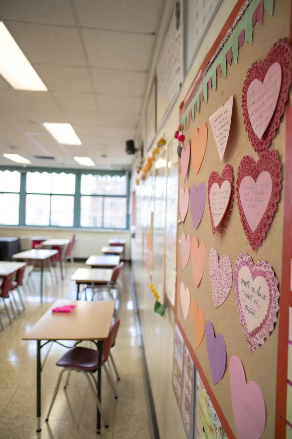 Bulletin board adorned with heart-shaped cutouts filled with expressions of affection.
