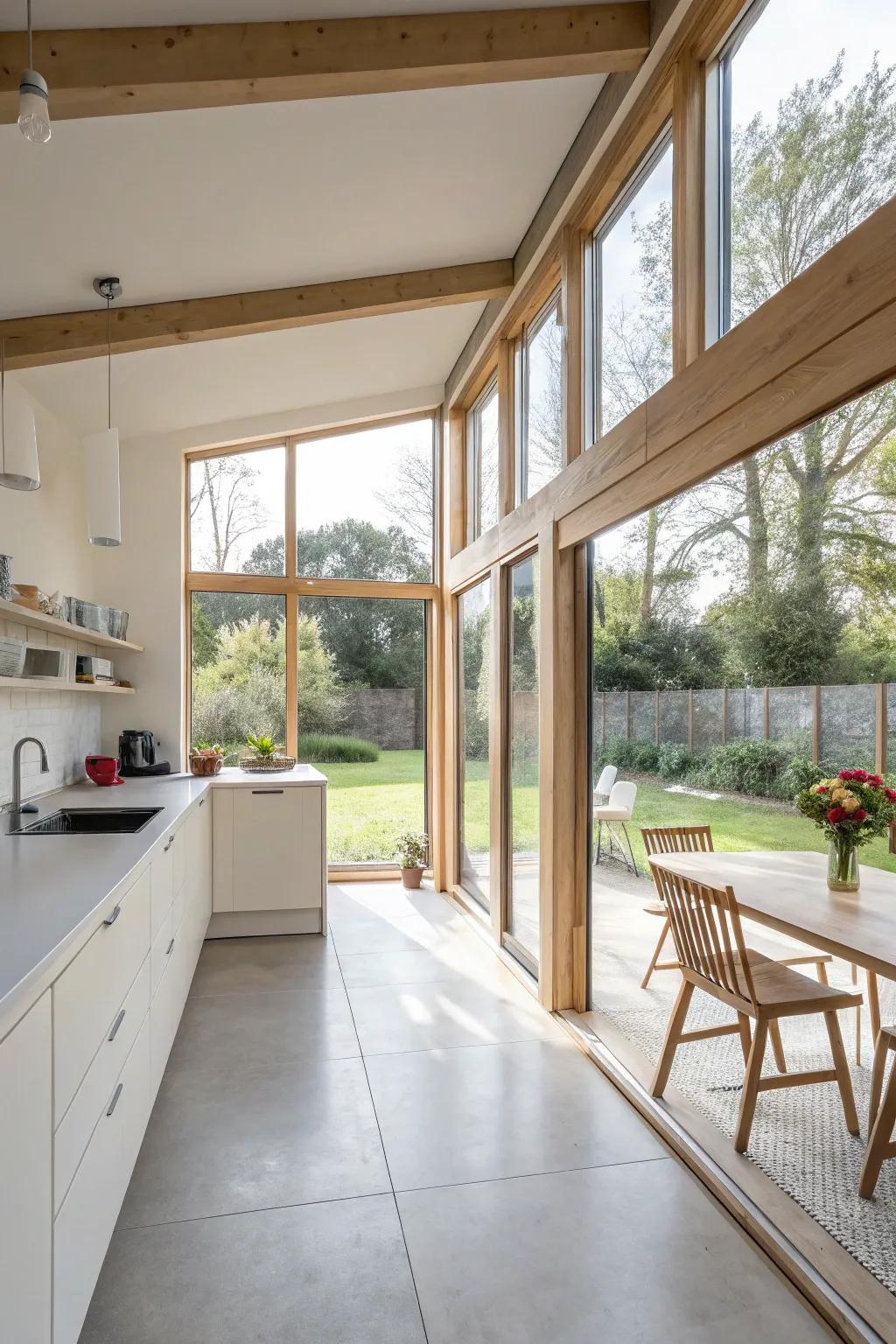 A bungalow kitchen with an open design that welcomes sunlight through large windows.
