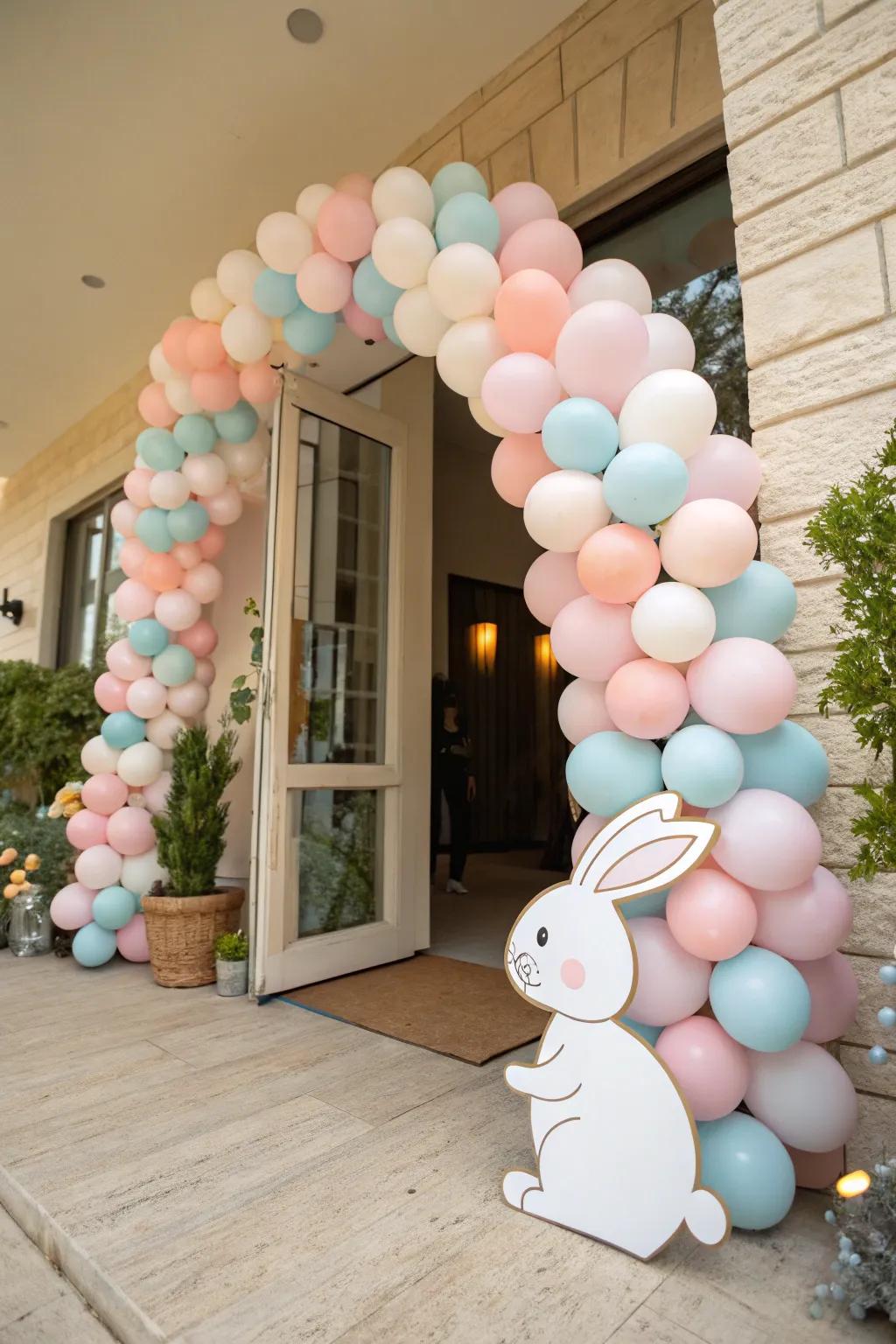 A gorgeous soft-toned balloon arch greeting guests to the rabbit baby celebration.