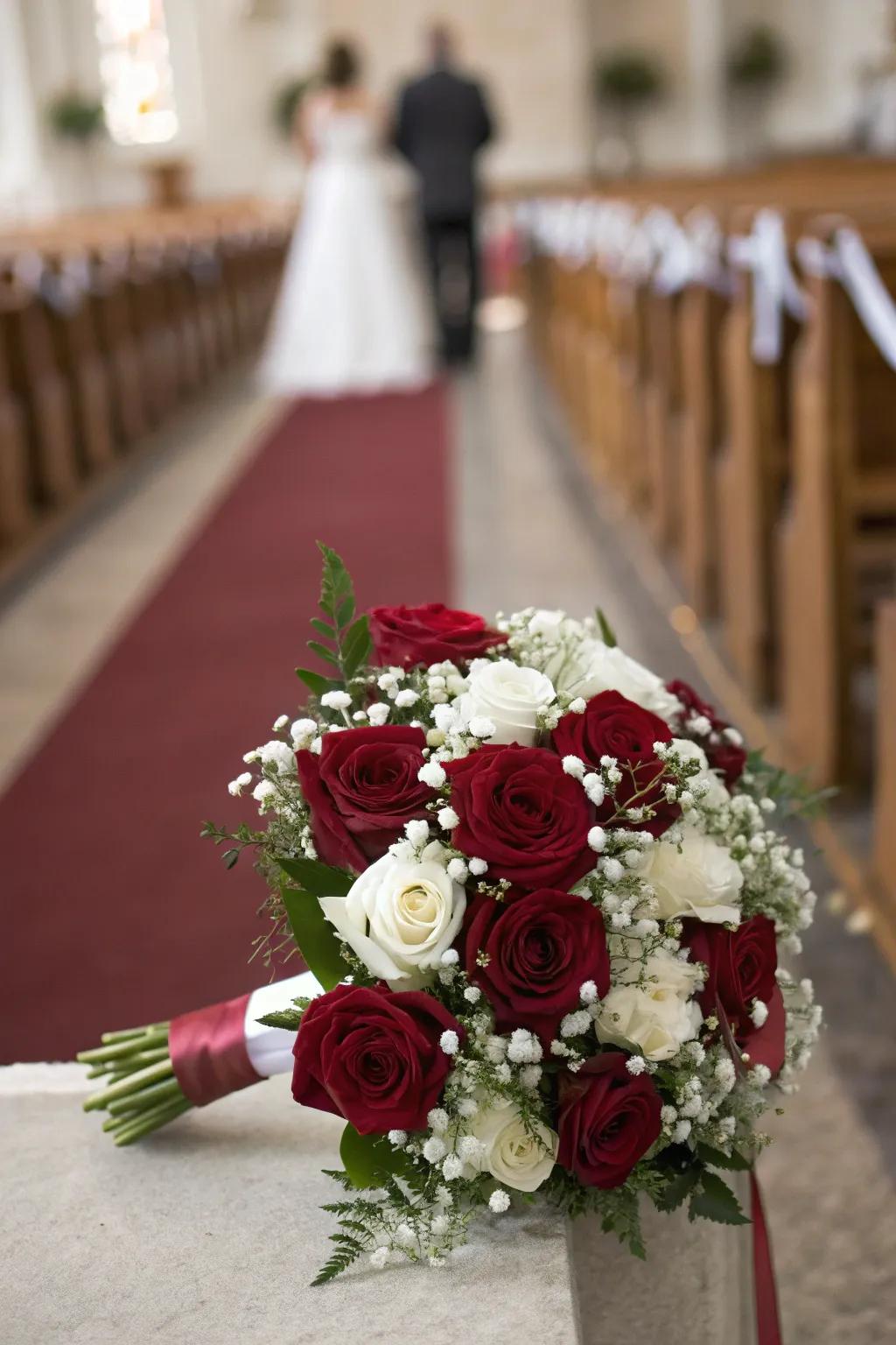 Classic burgundy roses combined with white blossoms.